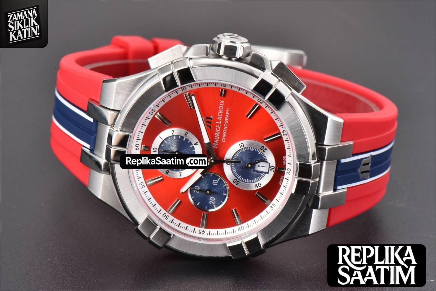 Aikno Chrono 44mm OF Red/Blue Dial Red Rubber Strap Swiss Quartz -12