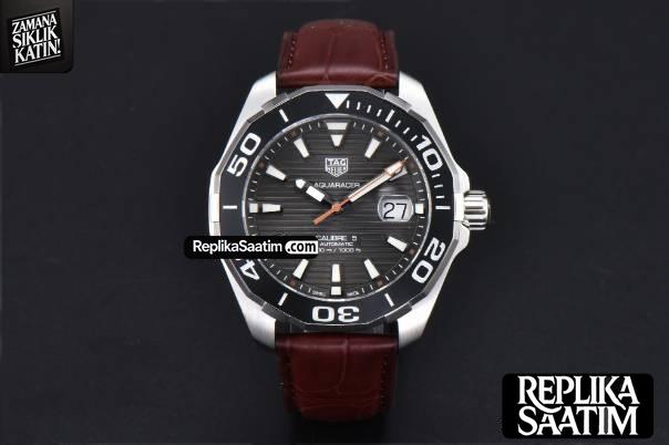 Aquaracer Caliber 5 43mm OF Black Dial Brown Hand Brown Leather Strap SW200 -02