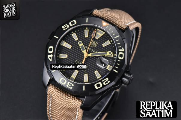 Aquaracer Caliber 5 43mm OF Ceramic Black Dial Yellow Hand Brown Nylon Strap SW200 -03