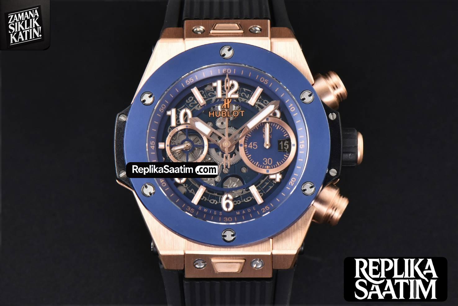 Big Bang Unico 45mm BBF RG Blue Ceramic Skeleton Dial Black Rubber Strap A1280 -01
