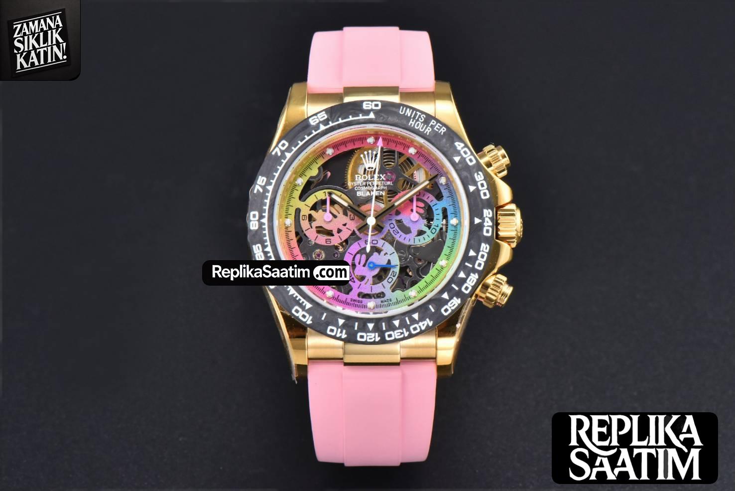 Blaken Daytona PVD RG Carbon 40MM GETF Skeleton Dial Pink Rubber Strap SA4130 -01