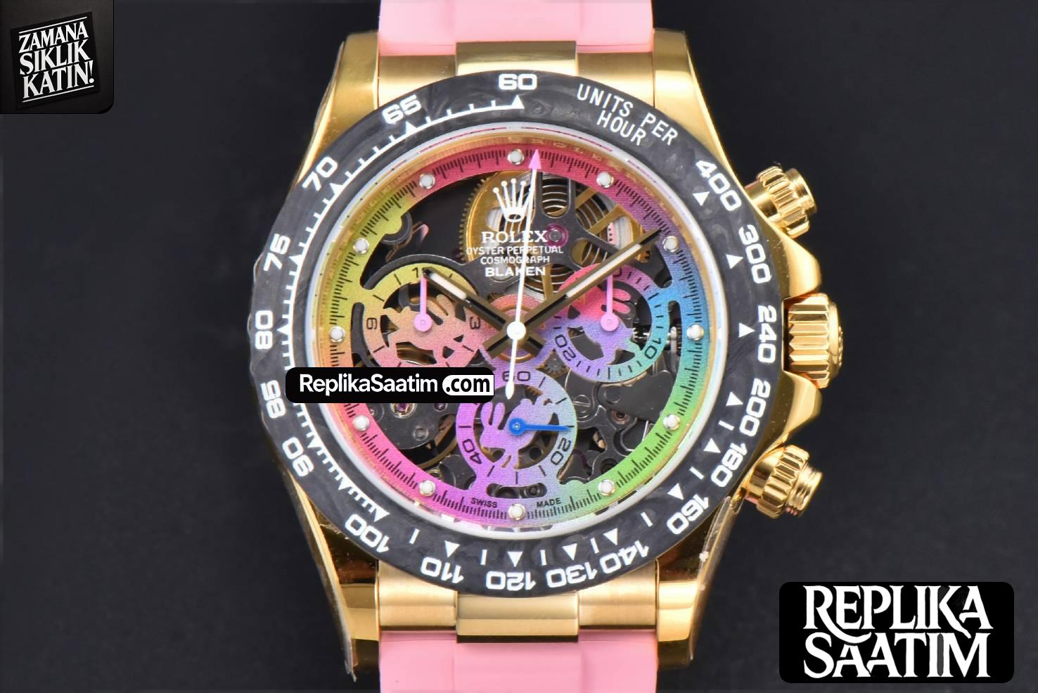 Blaken Daytona PVD RG Carbon 40MM GETF Skeleton Dial Pink Rubber Strap SA4130 -02