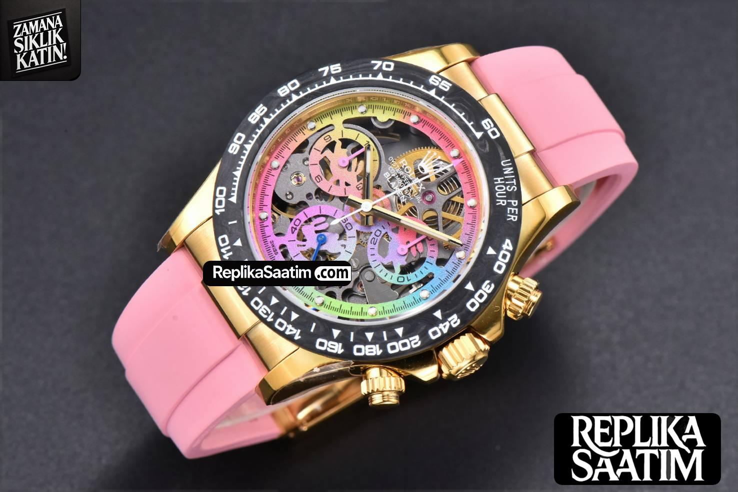 Blaken Daytona PVD RG Carbon 40MM GETF Skeleton Dial Pink Rubber Strap SA4130 -03
