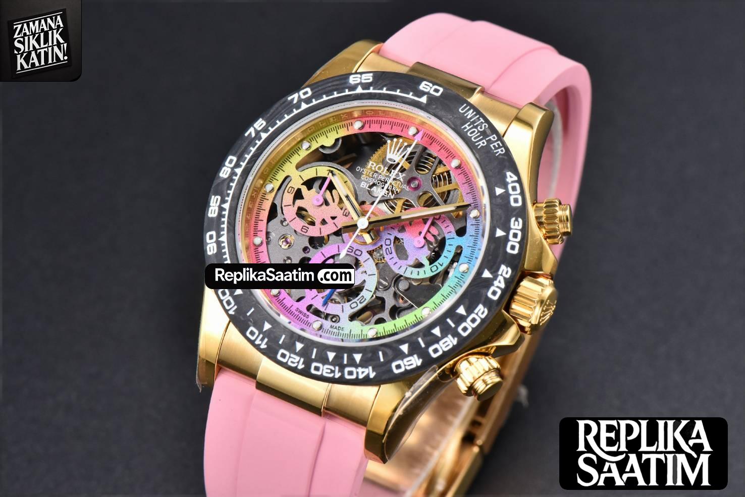Blaken Daytona PVD RG Carbon 40MM GETF Skeleton Dial Pink Rubber Strap SA4130 -04