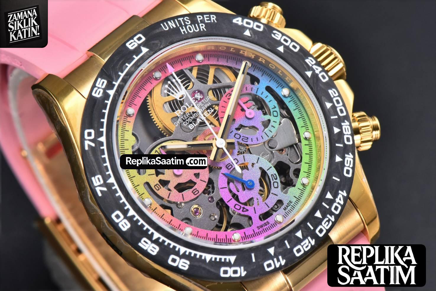Blaken Daytona PVD RG Carbon 40MM GETF Skeleton Dial Pink Rubber Strap SA4130 -12