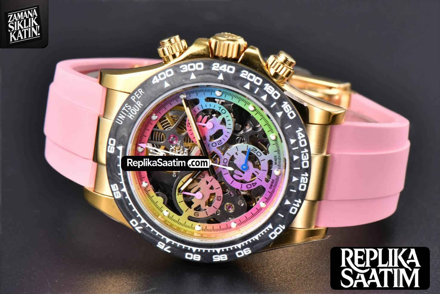 Blaken Daytona PVD RG Carbon 40MM GETF Skeleton Dial Pink Rubber Strap SA4130 -15