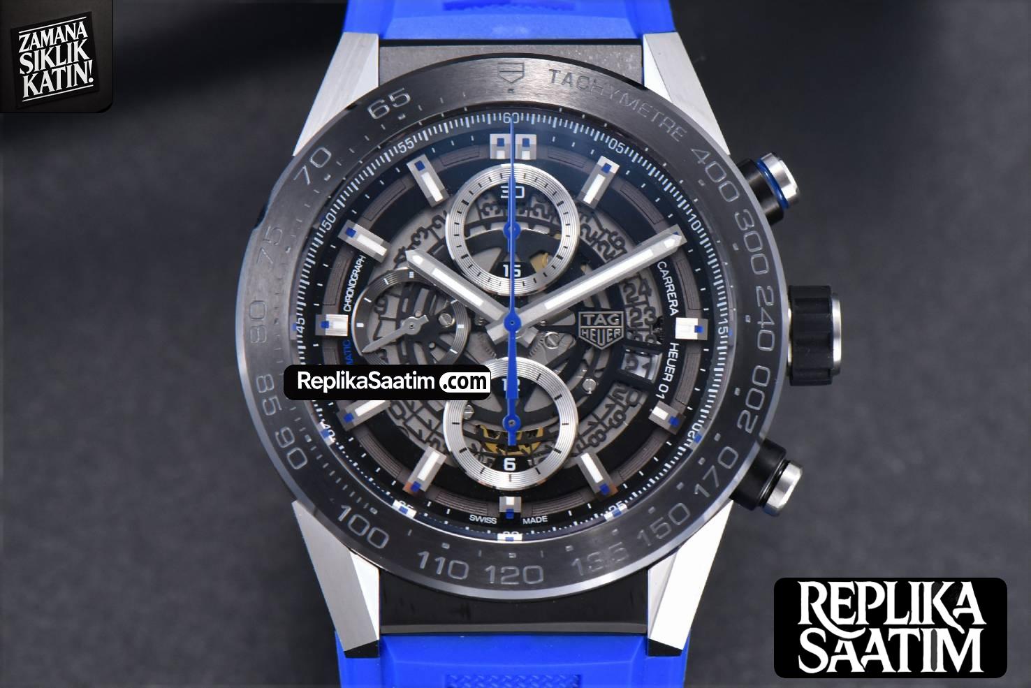 Calibre Heuer 01 Chrono XF 45MM PVD Skeleton Dial Blue Hand Blue Rubber Strap A1887 -01
