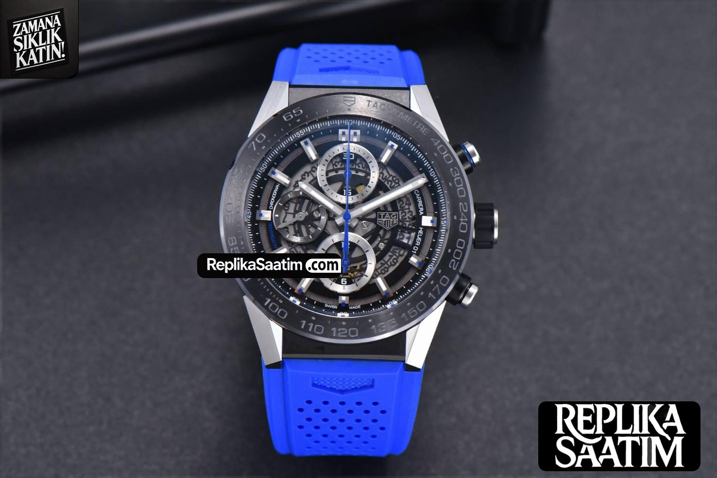 Calibre Heuer 01 Chrono XF 45MM PVD Skeleton Dial Blue Hand Blue Rubber Strap A1887 -02
