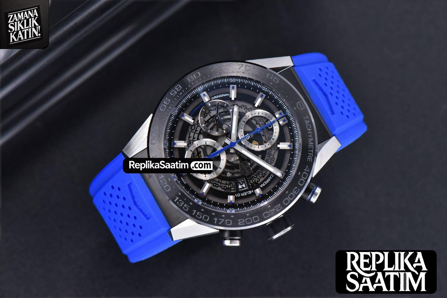 Calibre Heuer 01 Chrono XF 45MM PVD Skeleton Dial Blue Hand Blue Rubber Strap A1887 -03
