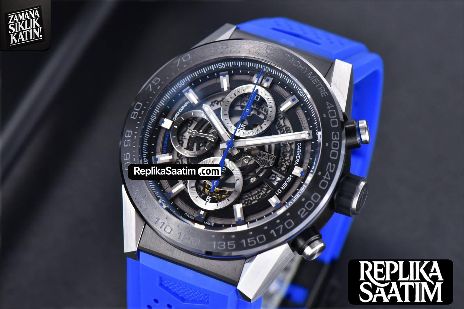Calibre Heuer 01 Chrono XF 45MM PVD Skeleton Dial Blue Hand Blue Rubber Strap A1887 -04