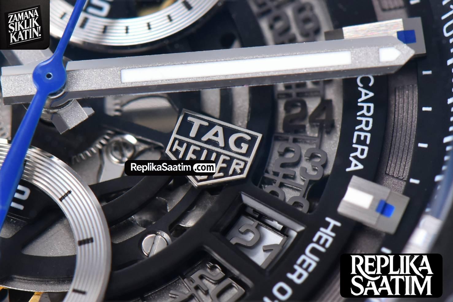 Calibre Heuer 01 Chrono XF 45MM PVD Skeleton Dial Blue Hand Blue Rubber Strap A1887 -08