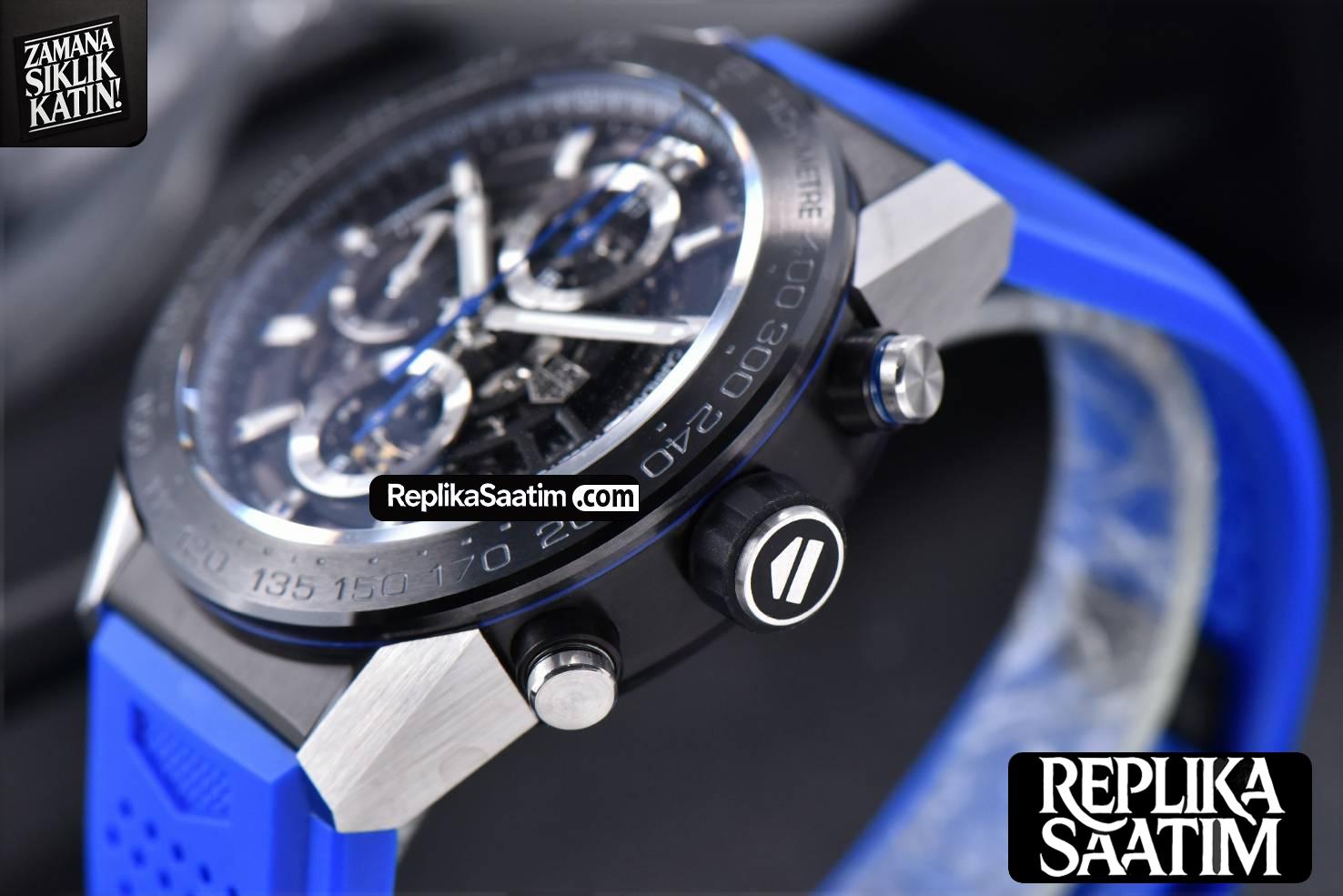 Calibre Heuer 01 Chrono XF 45MM PVD Skeleton Dial Blue Hand Blue Rubber Strap A1887 -09