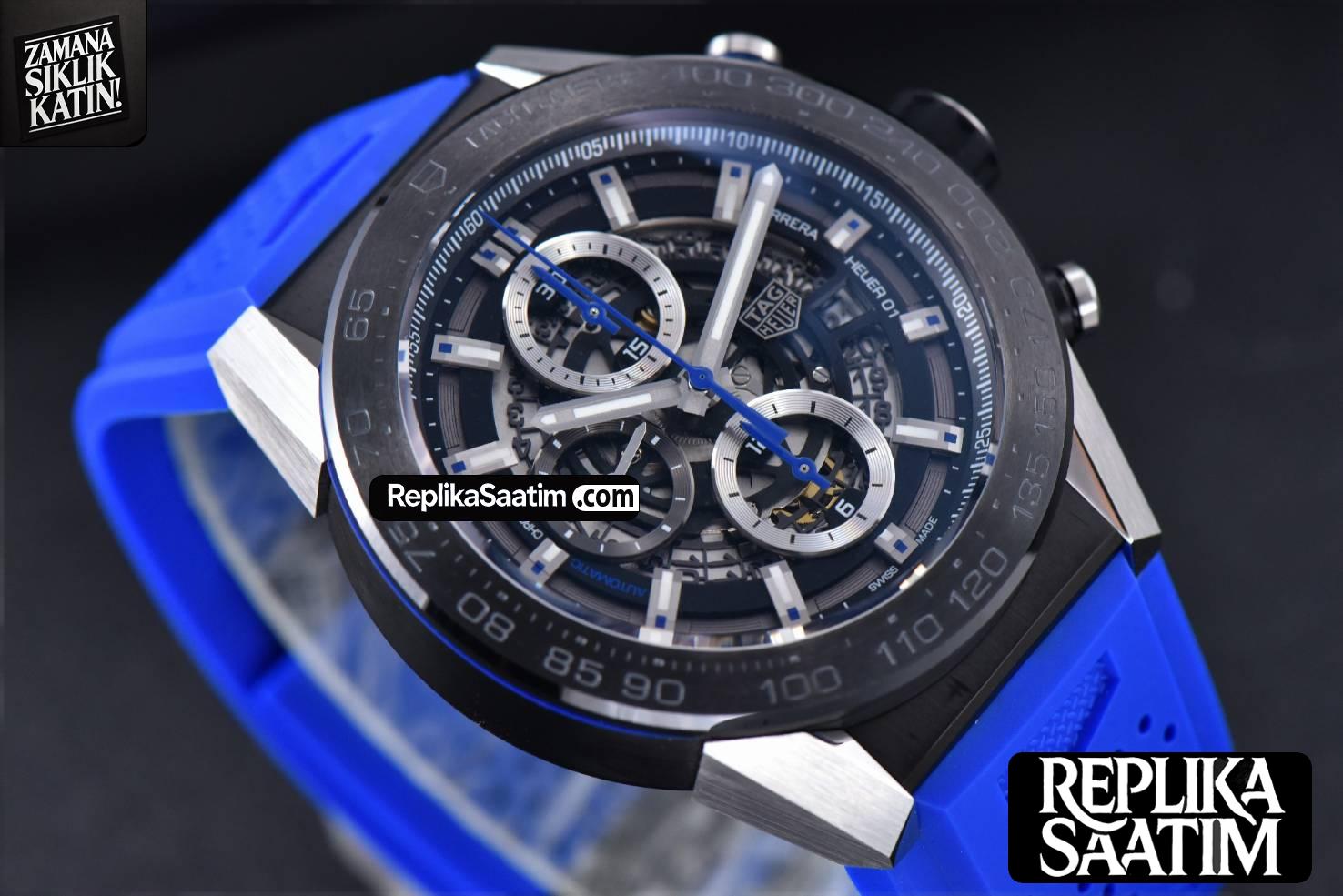 Calibre Heuer 01 Chrono XF 45MM PVD Skeleton Dial Blue Hand Blue Rubber Strap A1887 -10