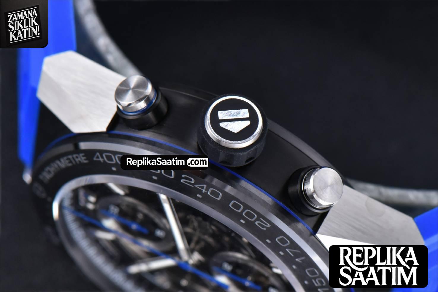 Calibre Heuer 01 Chrono XF 45MM PVD Skeleton Dial Blue Hand Blue Rubber Strap A1887 -12