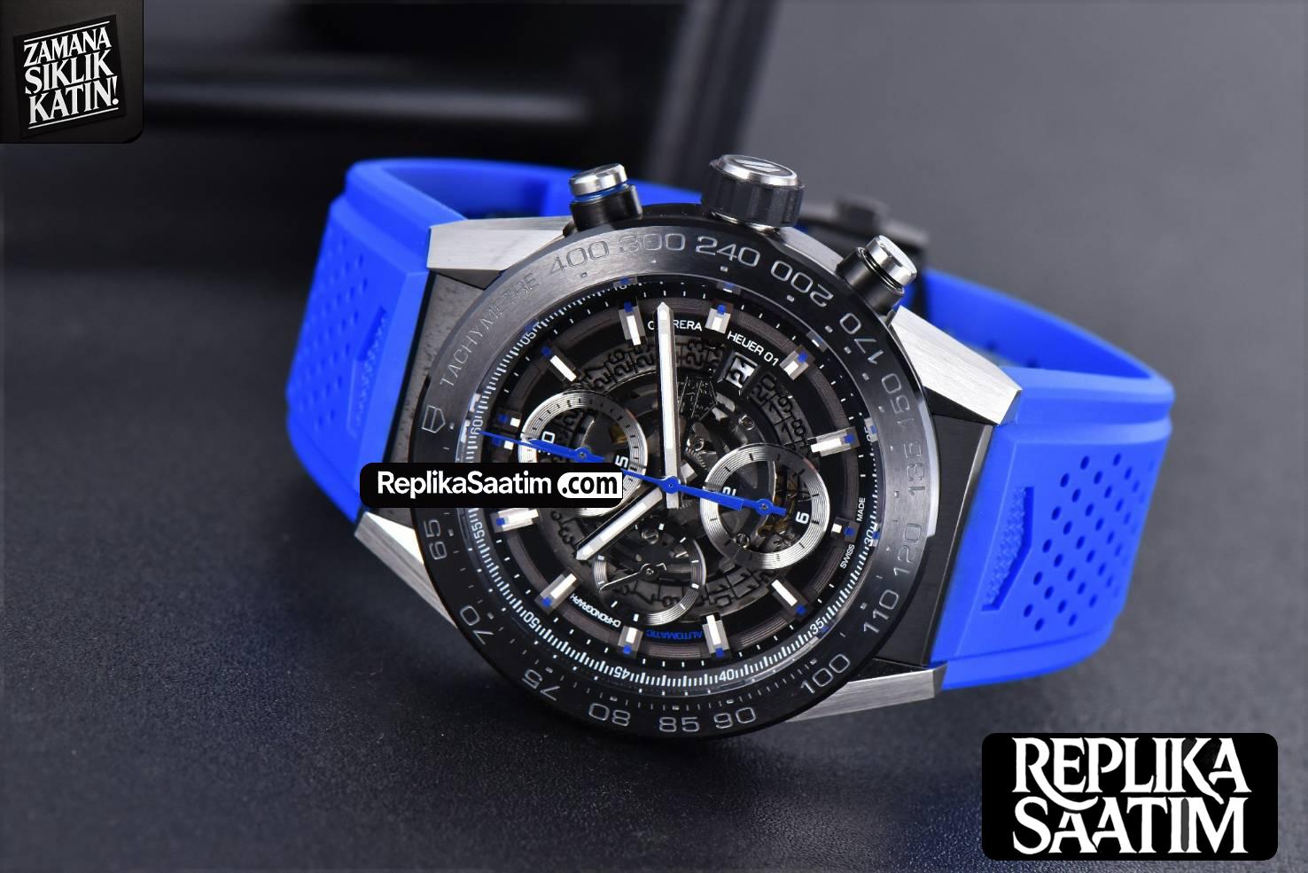 Calibre Heuer 01 Chrono XF 45MM PVD Skeleton Dial Blue Hand Blue Rubber Strap A1887 -13