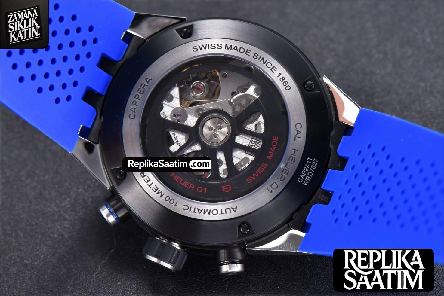 Calibre Heuer 01 Chrono XF 45MM PVD Skeleton Dial Blue Hand Blue Rubber Strap A1887 -14