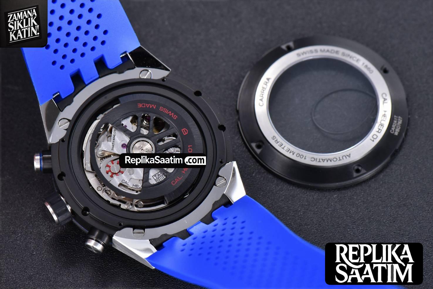Calibre Heuer 01 Chrono XF 45MM PVD Skeleton Dial Blue Hand Blue Rubber Strap A1887 -15