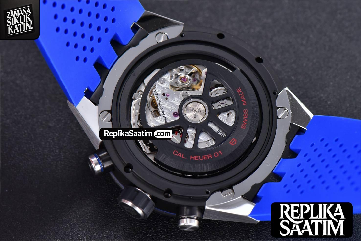 Calibre Heuer 01 Chrono XF 45MM PVD Skeleton Dial Blue Hand Blue Rubber Strap A1887 -16