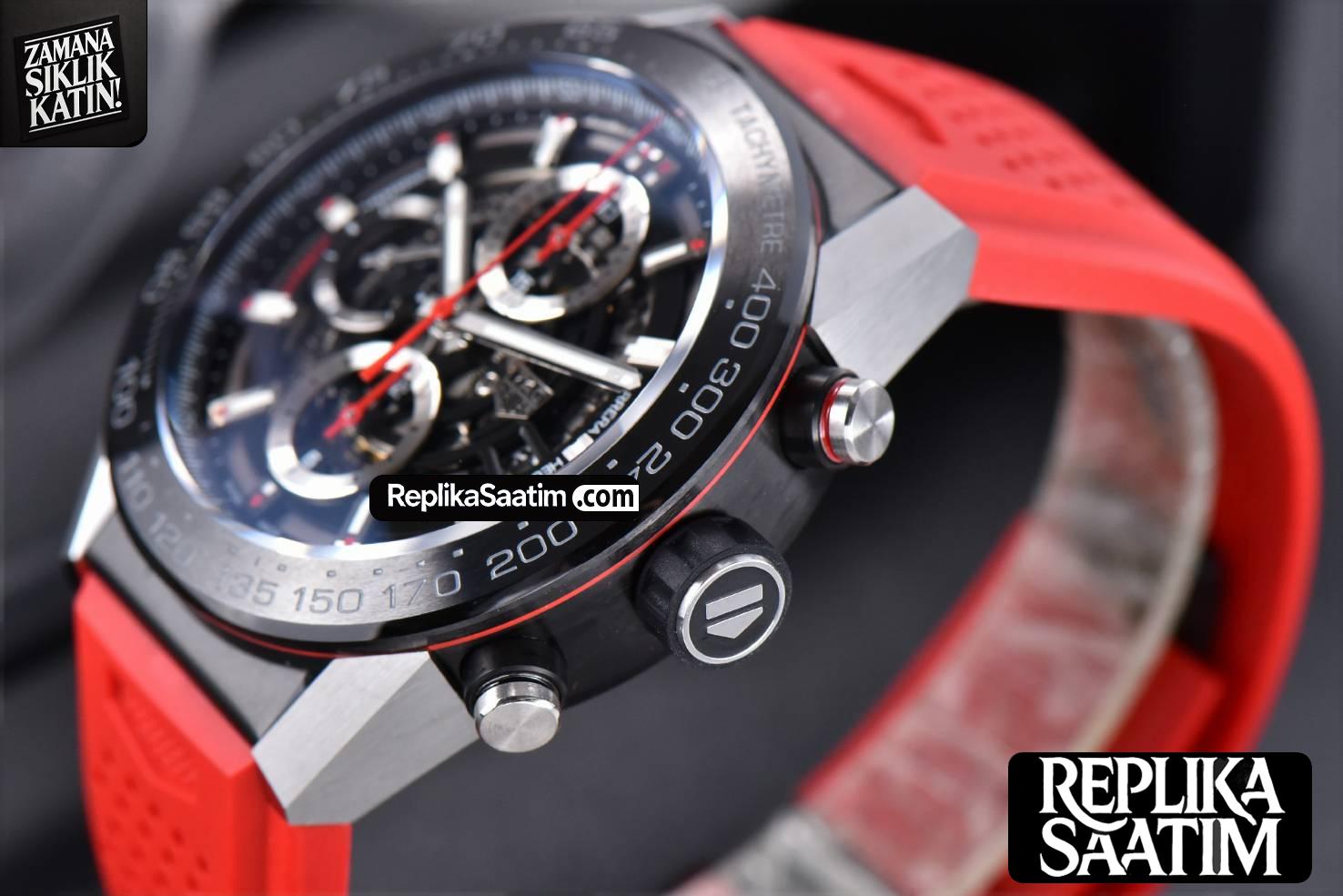 Calibre Heuer 01 Chrono XF 45MM Skeleton Dial Red Hand Red Rubber Strap A1887 -09
