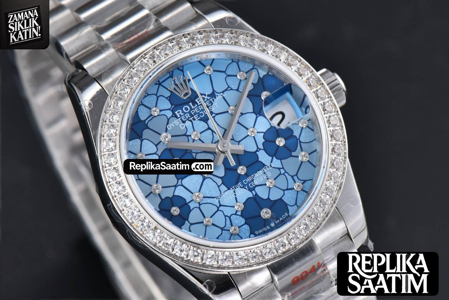 DateJust 31MM 904L GMF Diamond Bezel Blue Flowers Dial President Bracelet A2824 -12