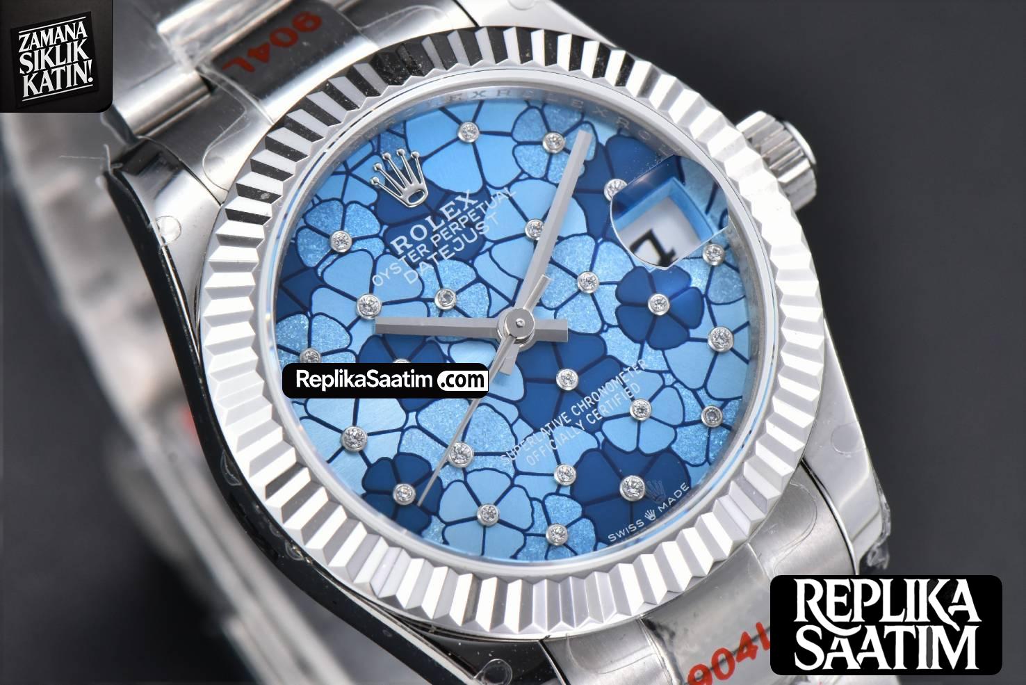 DateJust 31MM 904L GMF Fluted Bezel Blue Flowers Dial Oyster Bracelet A2824 -12