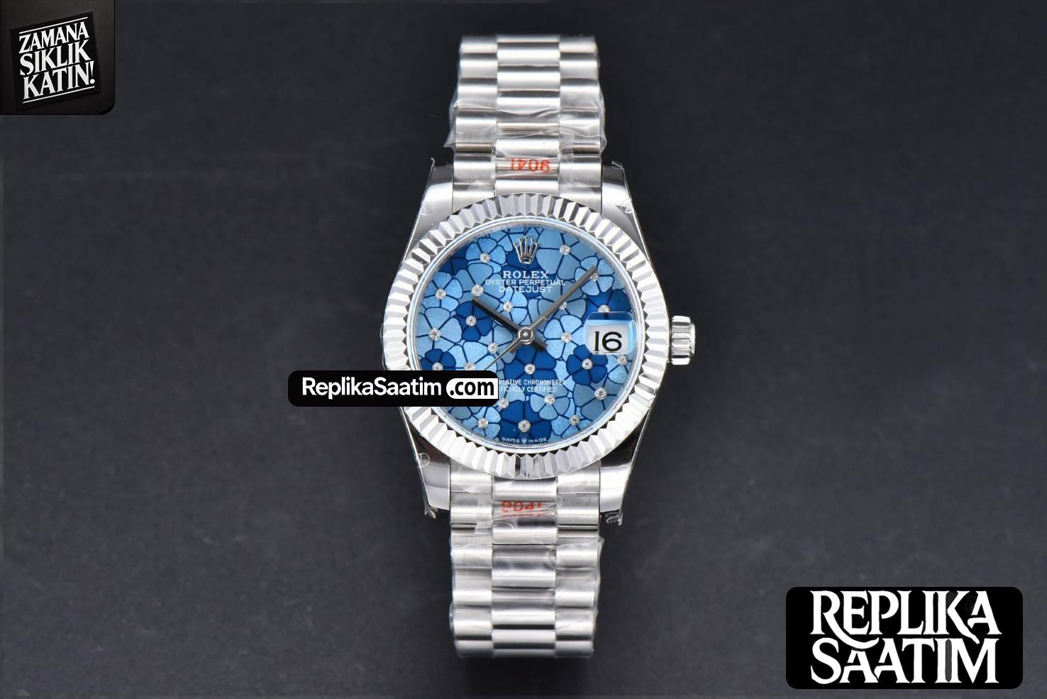DateJust 31MM 904L GMF Fluted Bezel Blue Flowers Dial President Bracelet A2824 -02