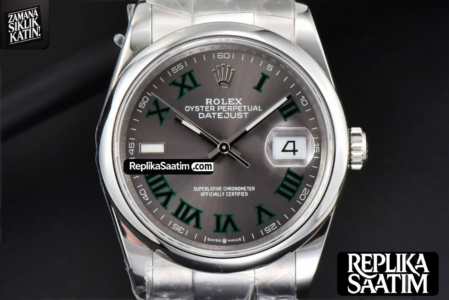 DateJust 36MM BPF Smooth Wimbledon Gray Dial Green Roma Marker Oyster Bracelet A2824 -01