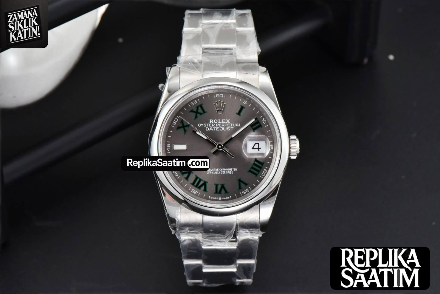 DateJust 36MM BPF Smooth Wimbledon Gray Dial Green Roma Marker Oyster Bracelet A2824 -02