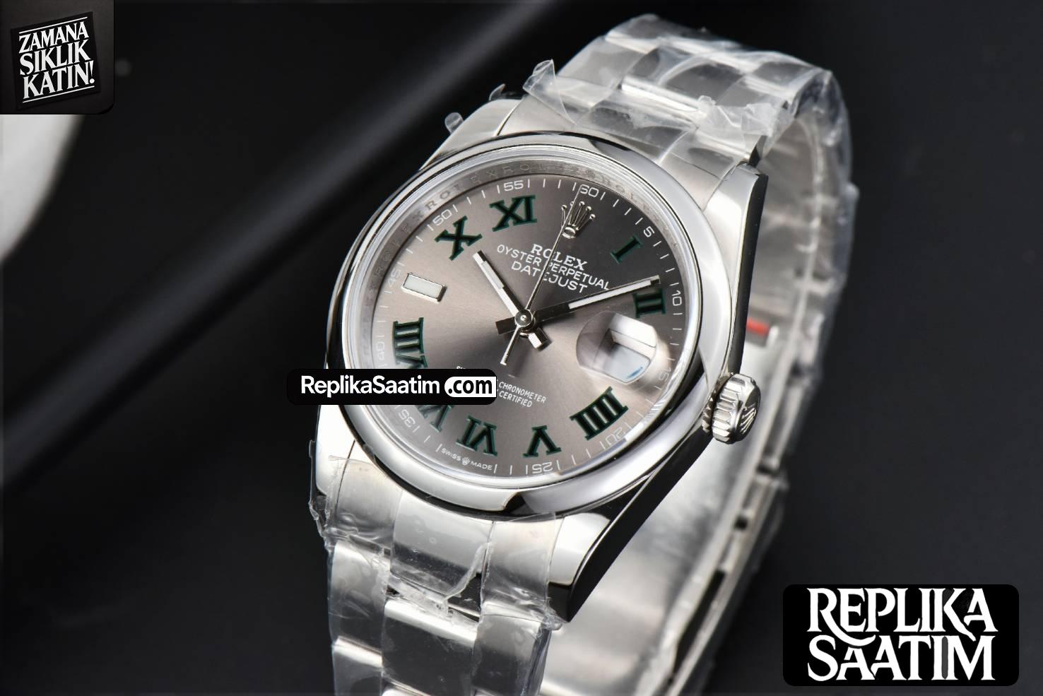 DateJust 36MM BPF Smooth Wimbledon Gray Dial Green Roma Marker Oyster Bracelet A2824 -03