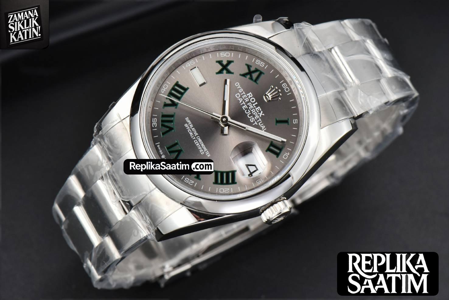 DateJust 36MM BPF Smooth Wimbledon Gray Dial Green Roma Marker Oyster Bracelet A2824 -14
