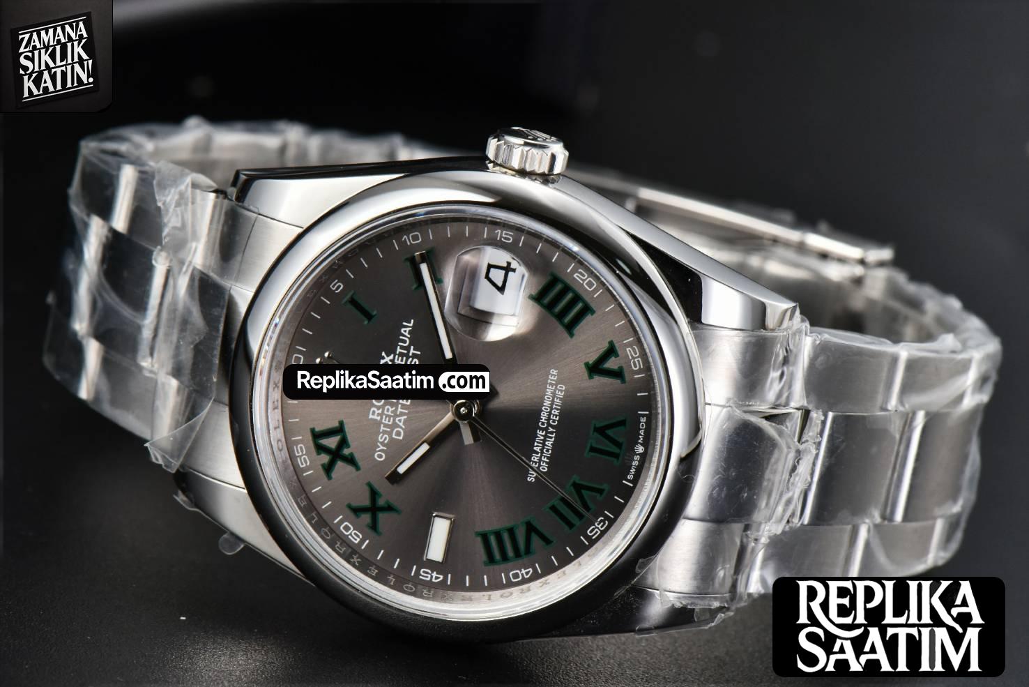 DateJust 36MM BPF Smooth Wimbledon Gray Dial Green Roma Marker Oyster Bracelet A2824 -15