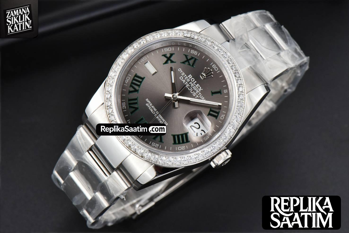 DateJust 36MM Diamond BPF Wimbledon Gray Dial Green Roma Marker Oyster Bracelet A2824 -14