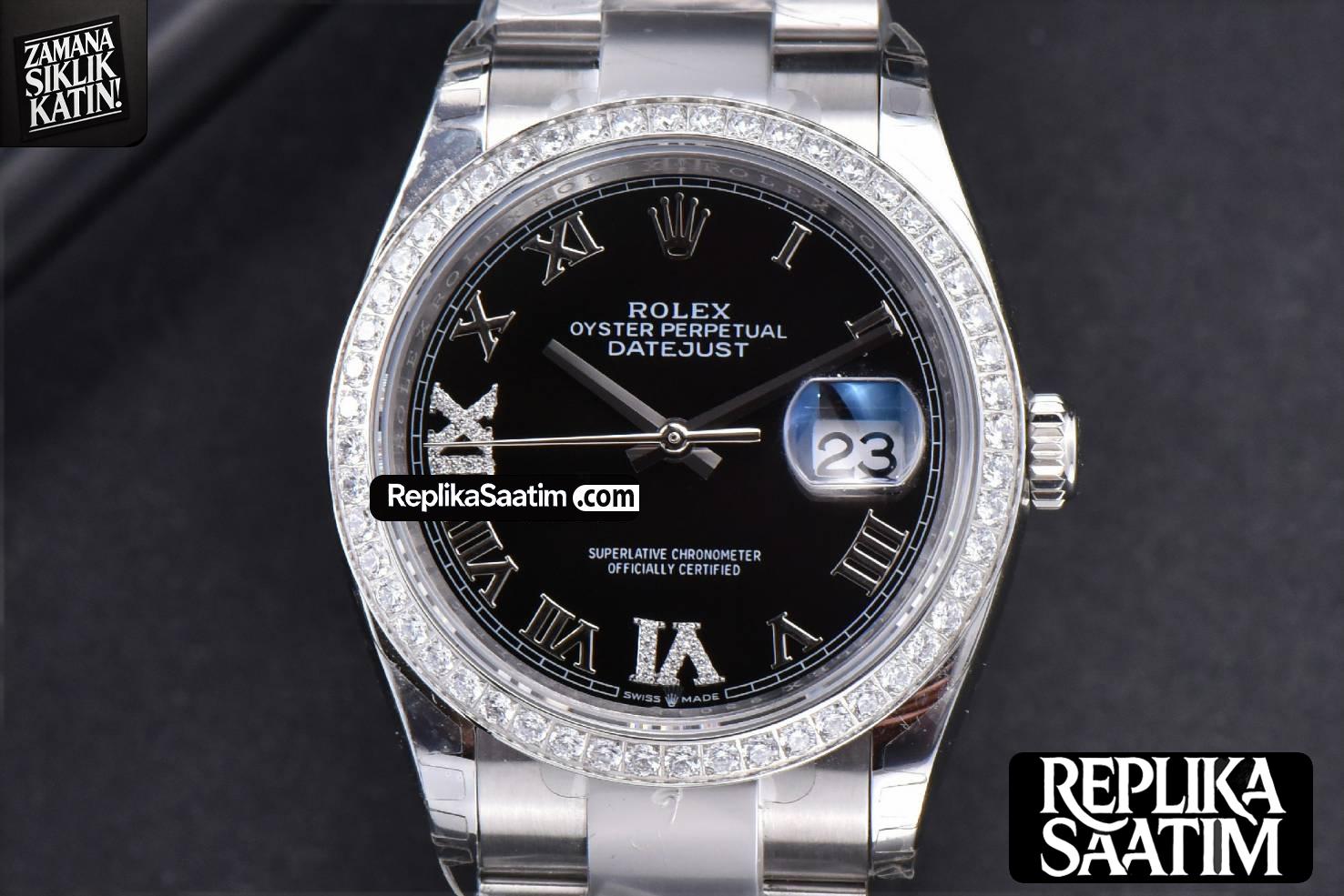 DateJust 36mm SS EWF Black Dial Diamond Roma Marker Diamond Bezel Oyster Bracelet A3235 -01