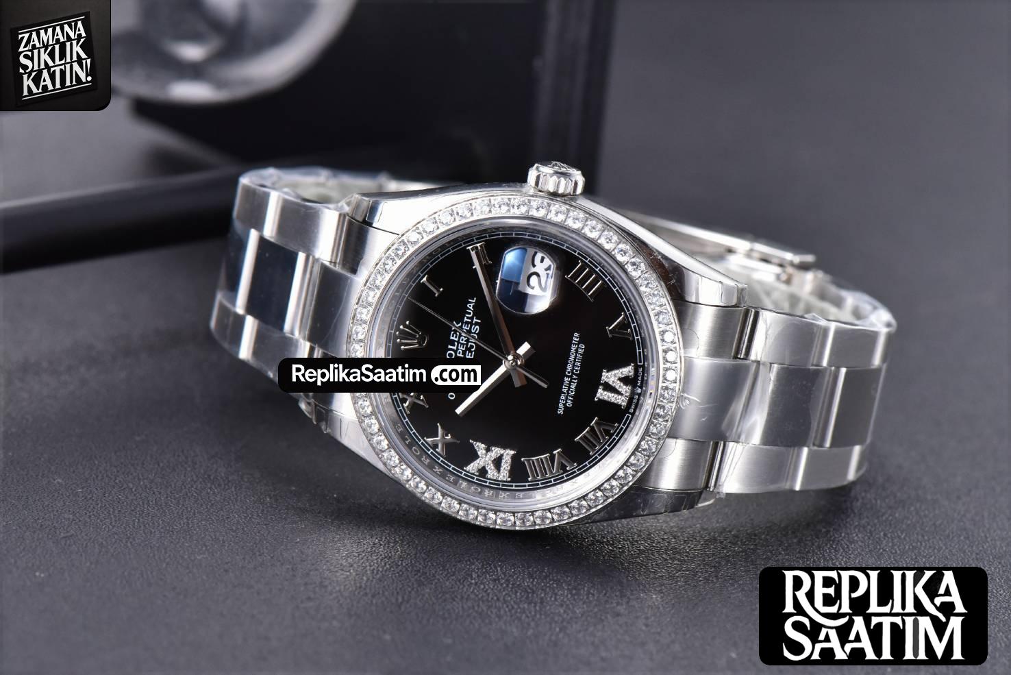 DateJust 36mm SS EWF Black Dial Diamond Roma Marker Diamond Bezel Oyster Bracelet A3235 -12