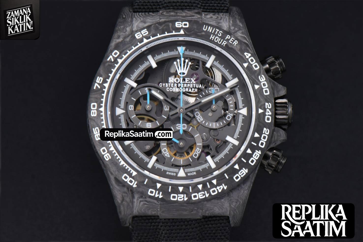 Daytona Montoya Carbon Fiber 40mm DIWF Skeleton Dial Blue Hand Black Nylon Strap 4130 -01