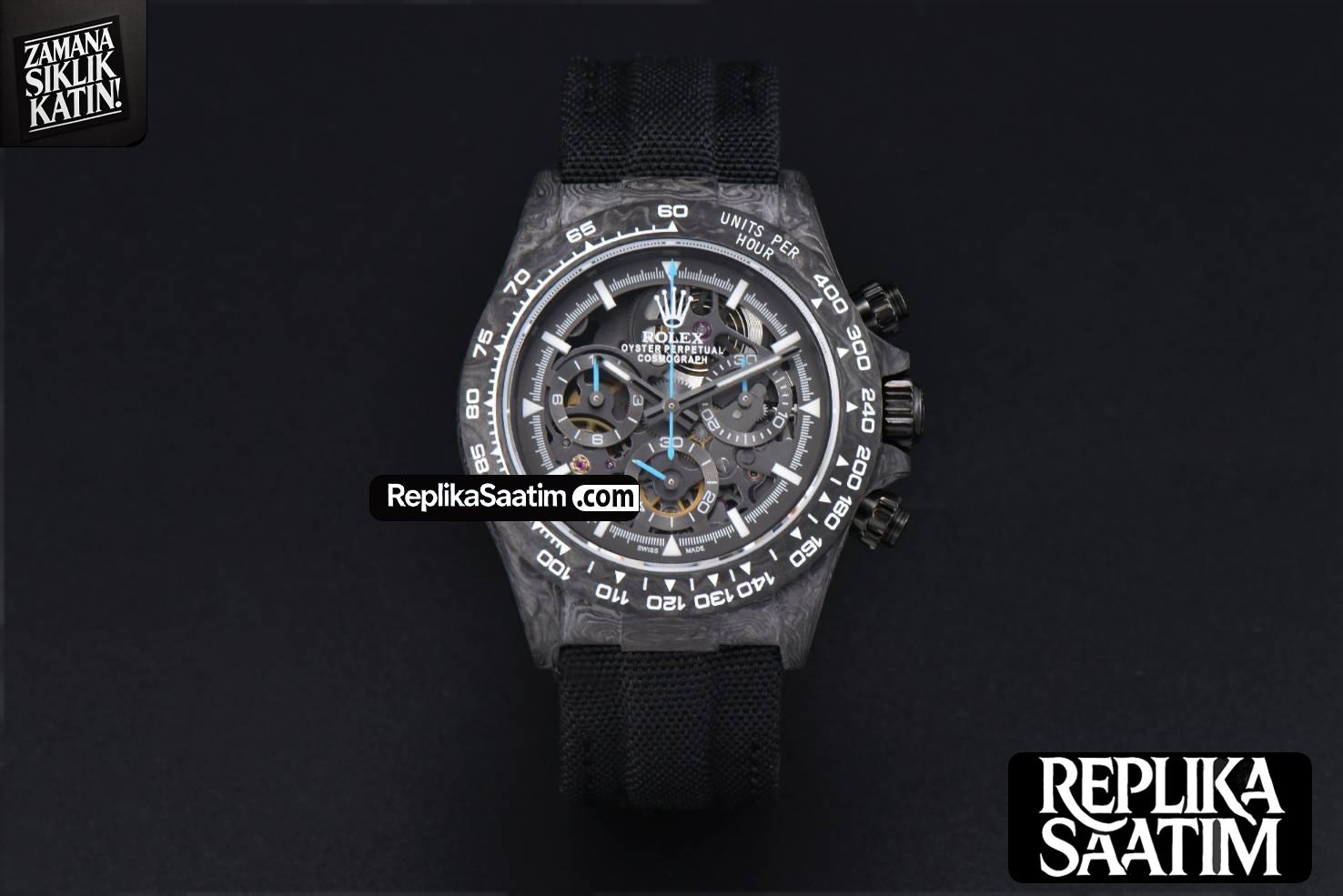 Daytona Montoya Carbon Fiber 40mm DIWF Skeleton Dial Blue Hand Black Nylon Strap 4130 -02