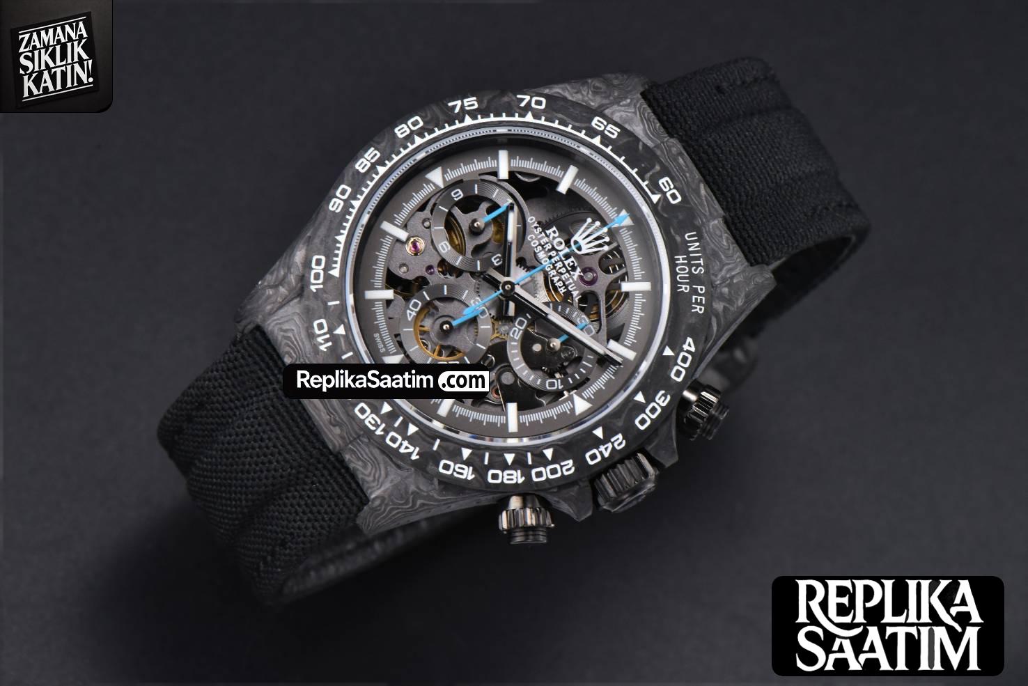 Daytona Montoya Carbon Fiber 40mm DIWF Skeleton Dial Blue Hand Black Nylon Strap 4130 -03