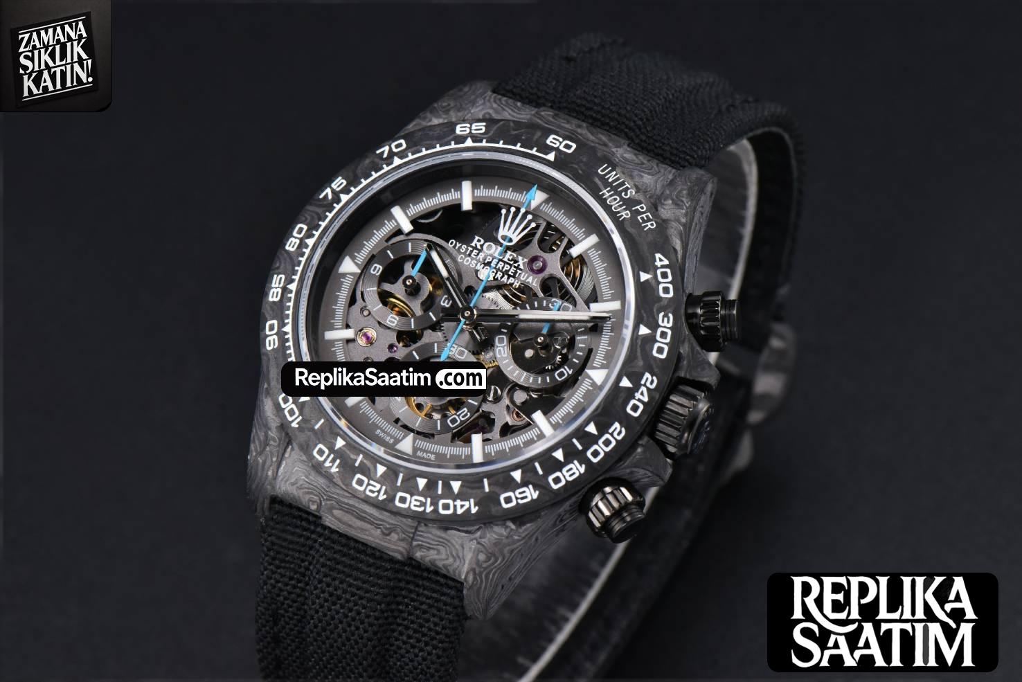 Daytona Montoya Carbon Fiber 40mm DIWF Skeleton Dial Blue Hand Black Nylon Strap 4130 -04