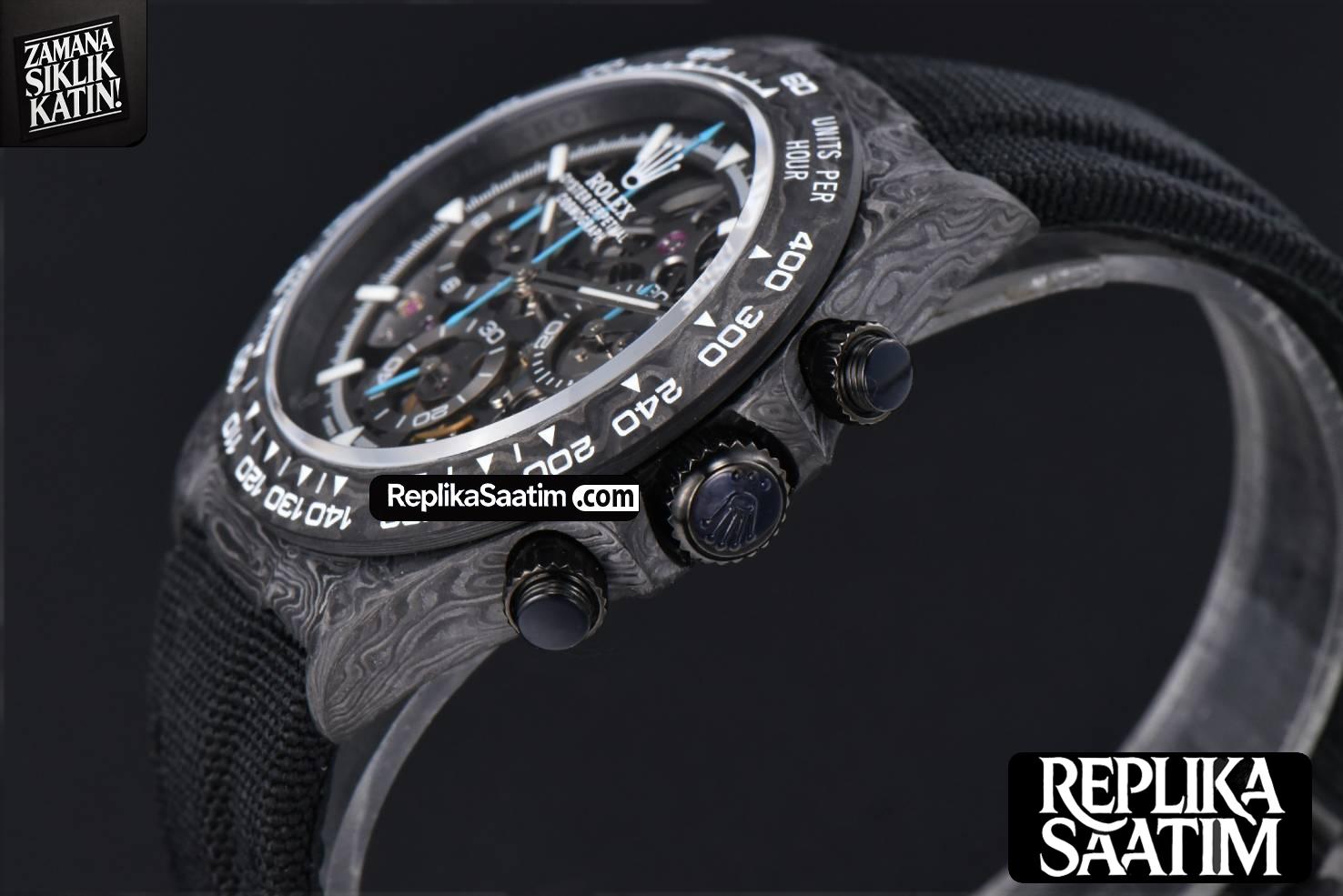 Daytona Montoya Carbon Fiber 40mm DIWF Skeleton Dial Blue Hand Black Nylon Strap 4130 -11