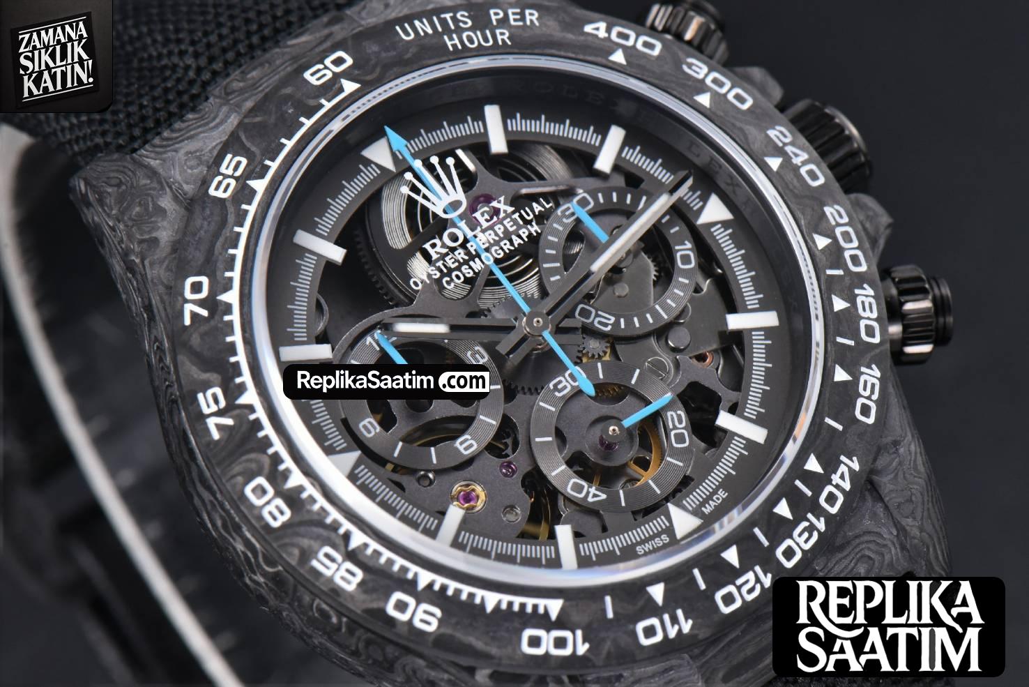 Daytona Montoya Carbon Fiber 40mm DIWF Skeleton Dial Blue Hand Black Nylon Strap 4130 -17