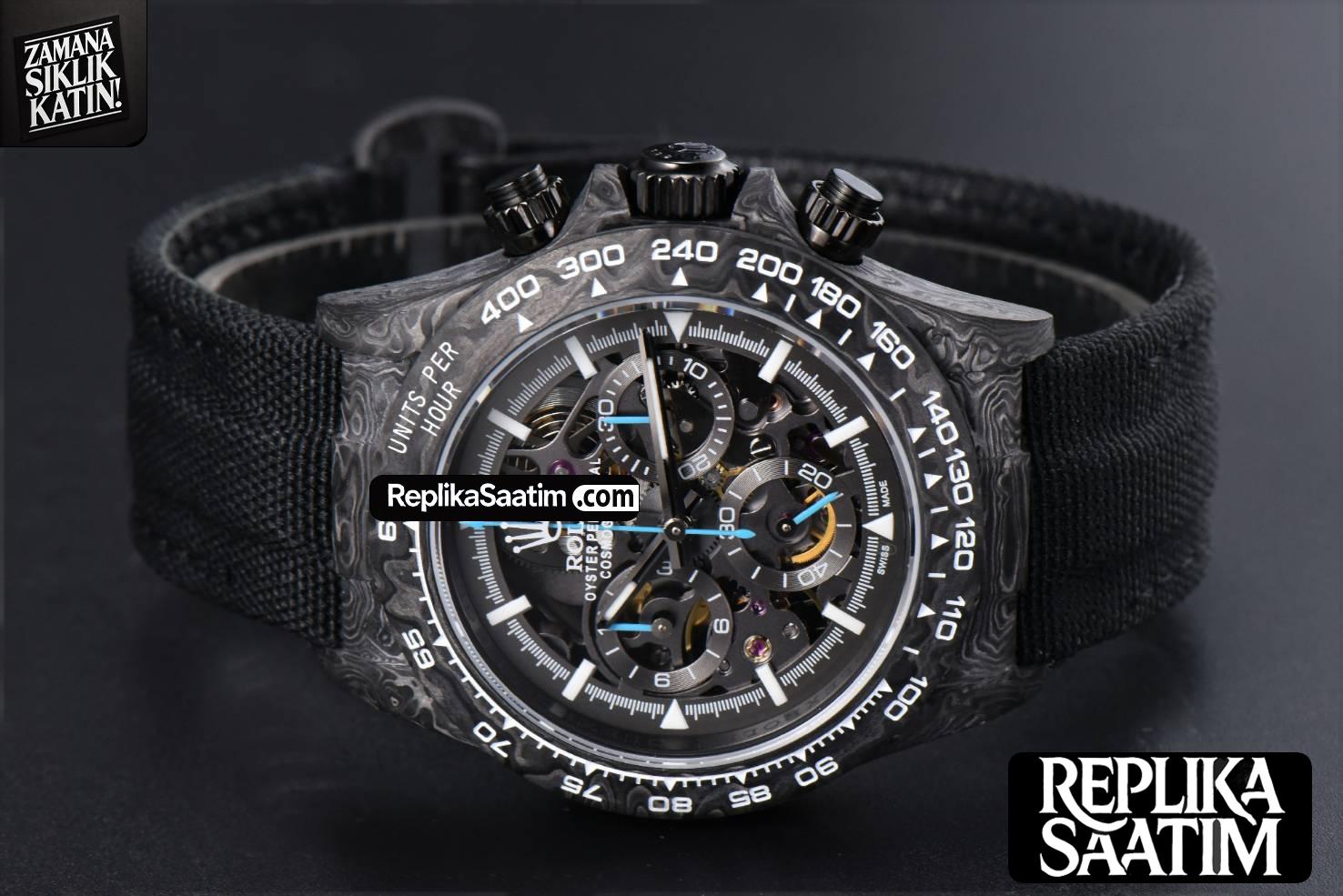 Daytona Montoya Carbon Fiber 40mm DIWF Skeleton Dial Blue Hand Black Nylon Strap 4130 -18