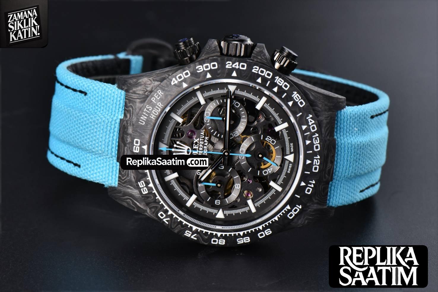 Daytona Montoya Carbon Fiber 40mm DIWF Skeleton Dial Blue Nylon Strap 4130 -17