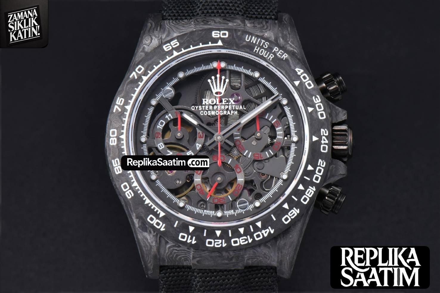 Daytona Montoya Carbon Fiber 40mm DIWF Skeleton Dial Red Hand Black Nylon Strap 4130 -01