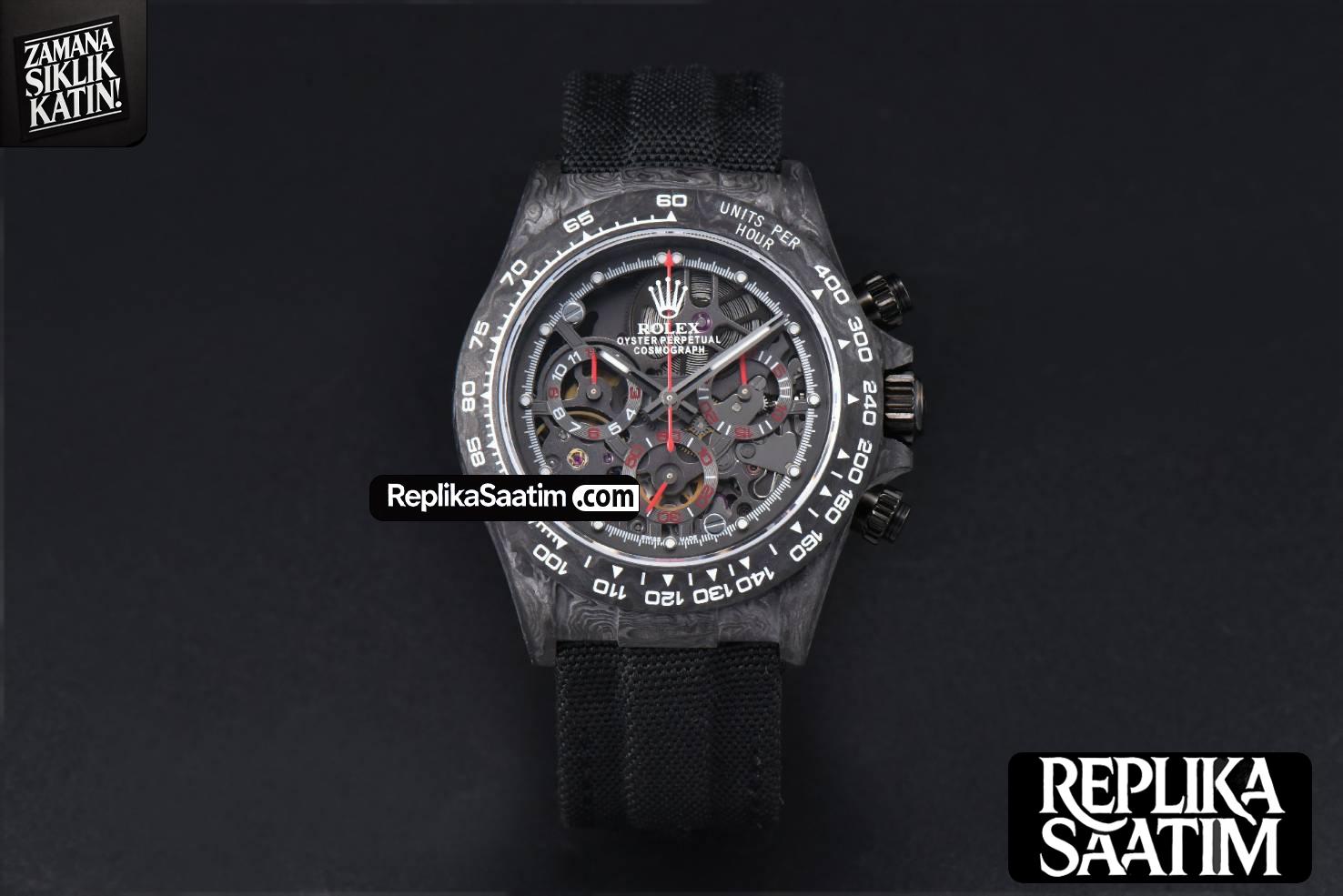 Daytona Montoya Carbon Fiber 40mm DIWF Skeleton Dial Red Hand Black Nylon Strap 4130 -02