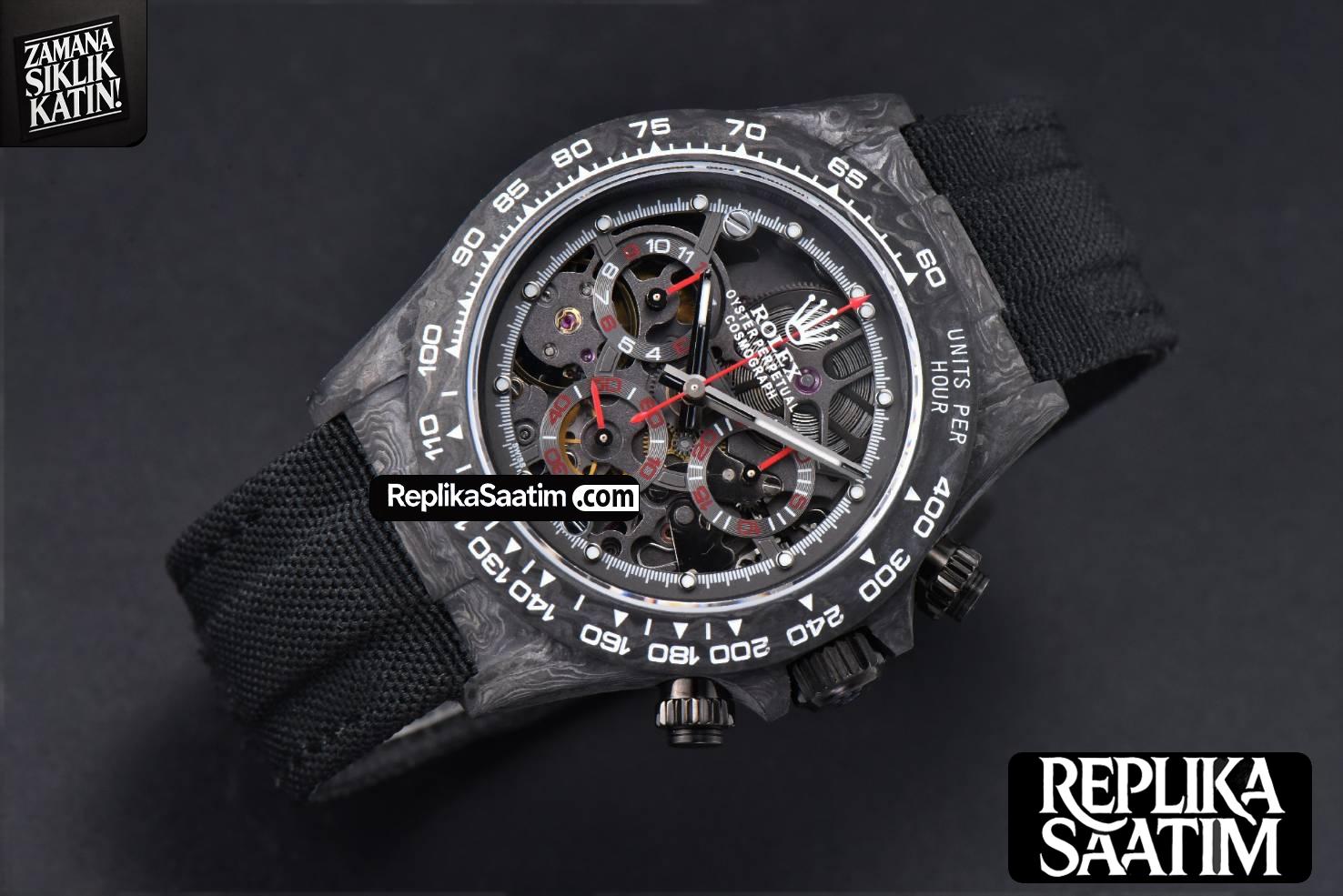 Daytona Montoya Carbon Fiber 40mm DIWF Skeleton Dial Red Hand Black Nylon Strap 4130 -03