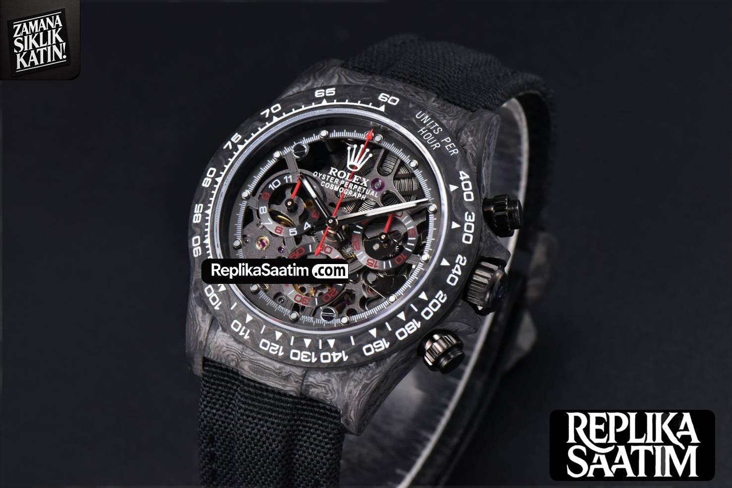 Daytona Montoya Carbon Fiber 40mm DIWF Skeleton Dial Red Hand Black Nylon Strap 4130 -04