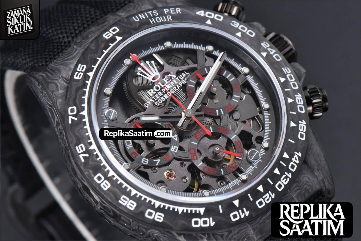 Daytona Montoya Carbon Fiber 40mm DIWF Skeleton Dial Red Hand Black Nylon Strap 4130 -15