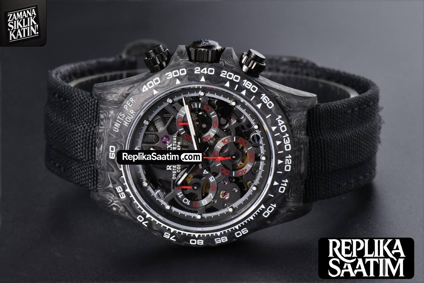 Daytona Montoya Carbon Fiber 40mm DIWF Skeleton Dial Red Hand Black Nylon Strap 4130 -16