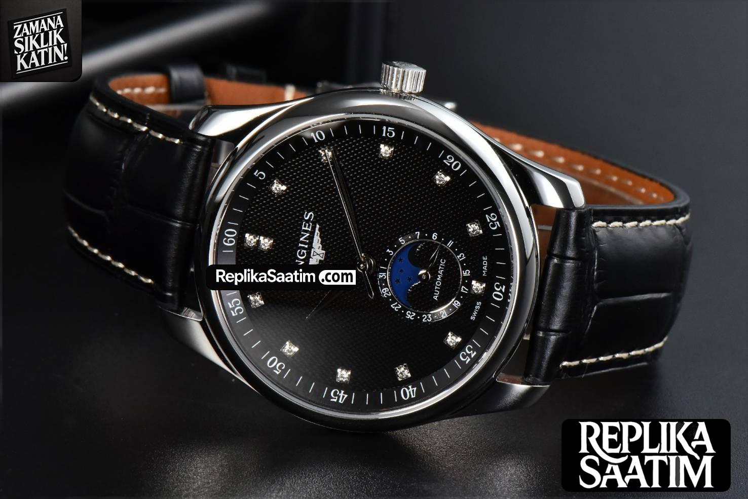 Longines Master Moonphase 40MM GF Black Dial Diamond Marker Black Leather Strap A899 -11