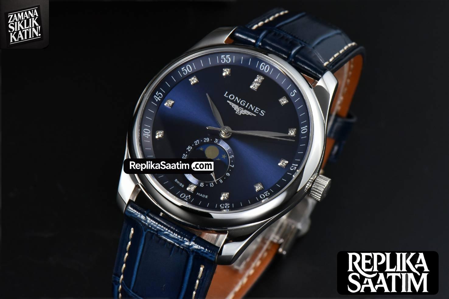 Longines Master Moonphase 40MM GF Blue Dial Diamond Marker Blue Leather Strap A899 -03
